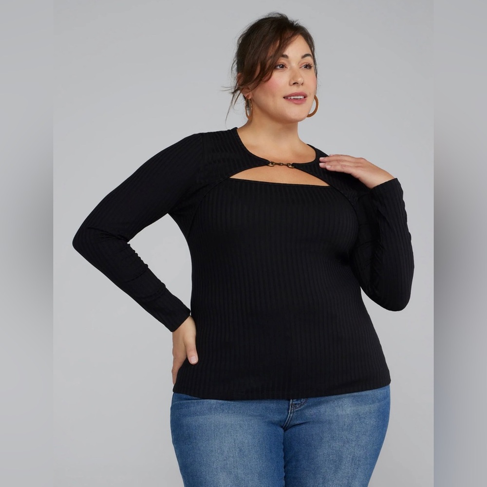 Shirt- Long Sleeve Ribbed Cut-Out Top, Black, 1X (14-16) NWT